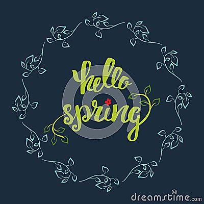 Hello Spring. Hand lettering, calligraphy inscription with spring leaves. Vector Illustration