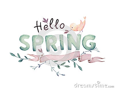 Hello Spring, Hand Lettering, Ribbon, Bird, Branches, Watercolor Stock Photo