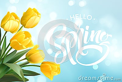 Hello Spring hand Lettering with tulip flower. Vector illustration Vector Illustration