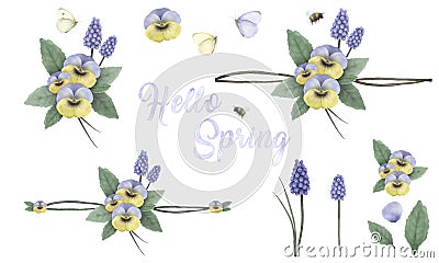 Hello spring, hand painted floral ornaments with viola`s, grape hyacinth, bumblebee and butterfly Stock Photo