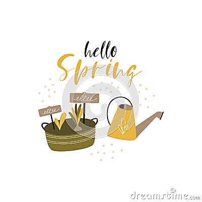 Hello spring illustration. Composition with gardening tools isolated on white background. Bundle of equipment for plant Vector Illustration