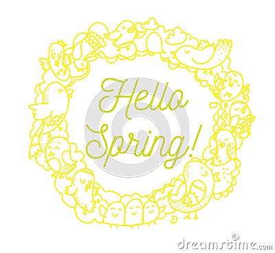 Hello spring inscription. Greeting card with calligraphy in frame. Vector Illustration