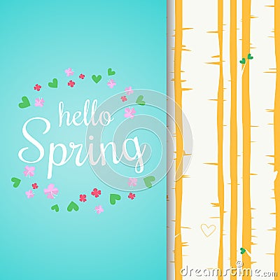 Hello spring lettering with flat flowers and leafs. Spring birch forest background. Vector Illustration