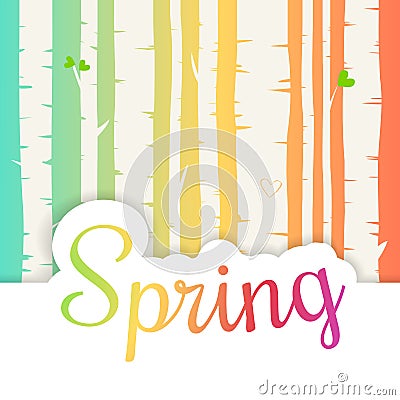 Hello spring lettering with flat flowers and leafs. Spring birch forest background. Vector Illustration