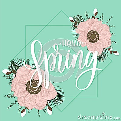 Hello spring lettering inscription with flowers. Love card with poppies Vector Illustration