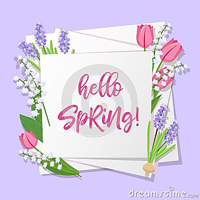Hello spring lettering. Spring flowers on white paper background with seasonal spring text. Vector illustration. Vector Illustration