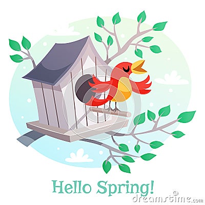 Hello Spring poster. Birdhouse and a singing bird Vector Illustration