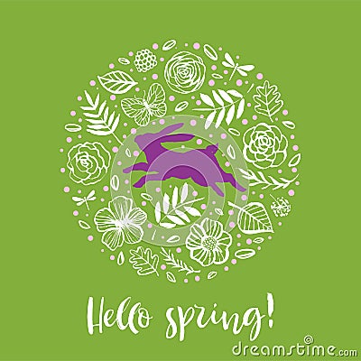 Hello spring. Purple running silhouette of a rabbit in the flower circle on a green background. Calligraphy card. Hand drawn Cartoon Illustration