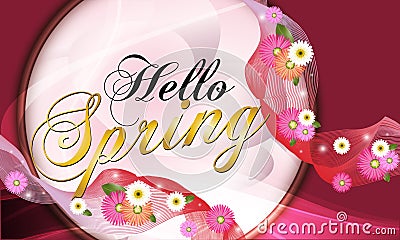 Hello Spring, red background with beautiful flowers.Vector illustration - Images vectorielles Vector Illustration