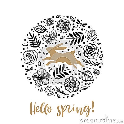 Hello spring. Running silhouette of a rabbit in the flower circle. Calligraphy card. Hand drawn design elements. Handwritten mode Cartoon Illustration