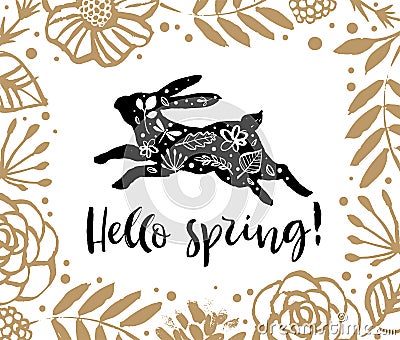 Hello spring. Running silhouette of a rabbit in the flower frame Cartoon Illustration