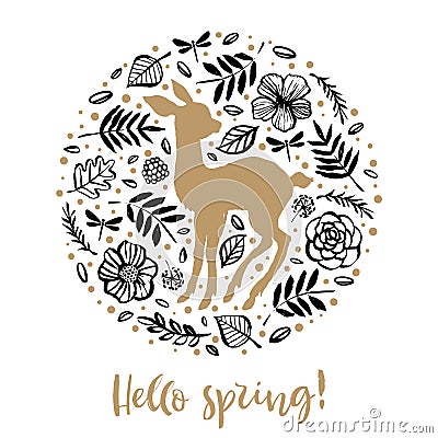 Hello spring. Silhouette of cute sweet little deer in the flower Cartoon Illustration