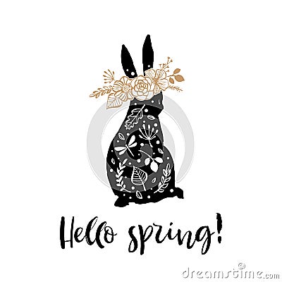 Hello spring. Sitting silhouette of a rabbit with flower wreath Cartoon Illustration