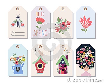 Spring time hang tags, labels collection with seasonal elements Vector Illustration