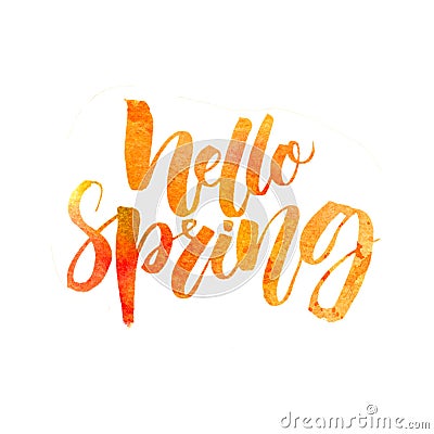 Hello spring text. Handwritten brush lettering with watercolor texture isolated on white background Stock Photo