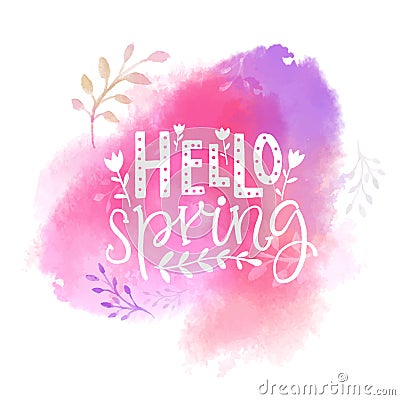 Hello spring text on pink watercolor swash Vector Illustration