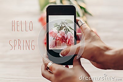 Hello spring text sign, hand holding phone taking photo of styli Stock Photo