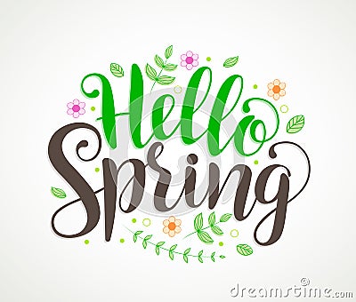 Hello spring text typography vector design with colorful flowers Vector Illustration