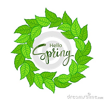 Hello Spring time wreath with green fresh leaves Cartoon Illustration