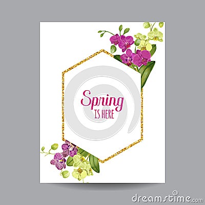 Hello Spring Tropic Design. Tropical Orchid Flowers Background with Golden Frame for Poster, Sale Banner, Placard, Flyer Vector Illustration