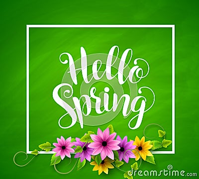 Hello spring vector banner design in green textured background Vector Illustration