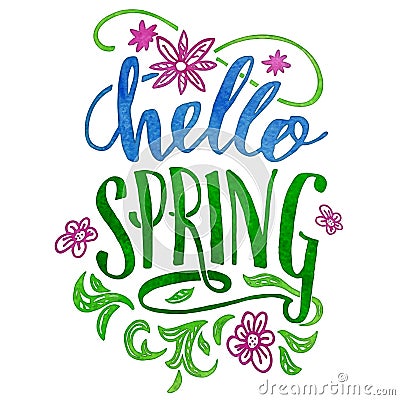 Hello spring. Watercolor hand lettering card Vector Illustration
