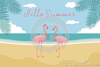Hello summer background. Pink flamingos, panorama of sea and beach, palm trees Vector Illustration