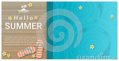 Hello summer background with sandals on wooden pier Vector Illustration