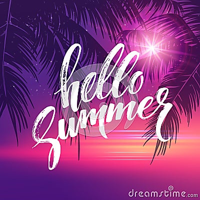 Hello summer background. Tropical palm leaves pattern, handwriting lettering. Palm Tree branches. Tropic paradise Vector Illustration