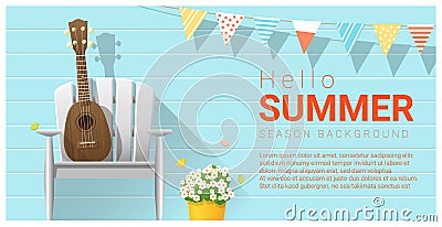 Hello summer background with ukulele on white chair Vector Illustration