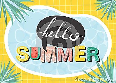 Hello summer banner. Beautiful summer poster with water surface, lettering, palm leaves and checkered background. Vector Illustration