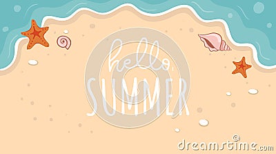 Hello summer banner with golden beach and blue sea Vector Illustration