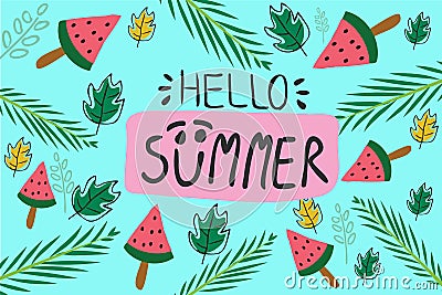 Hello Summer banner holiday logo. Trendy texture. Summer Wallpaper. Happy summer Day. Vector Illustration