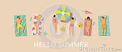 Hello summer banner or poster with people on beach, flat vector illustration. Vector Illustration
