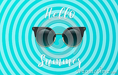 Hello summer banner with realistic sunglasses on blue circles background Cartoon Illustration