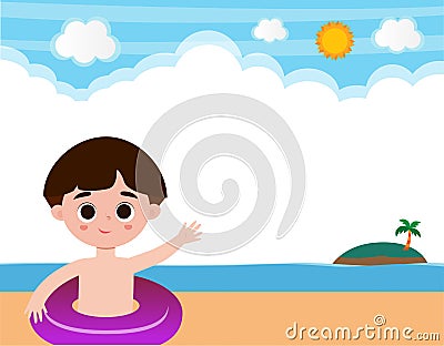 Hello summer banner template of Cute kids and rubber ring on the beach. children cartoon floating on inflatable in the ocean Vector Illustration
