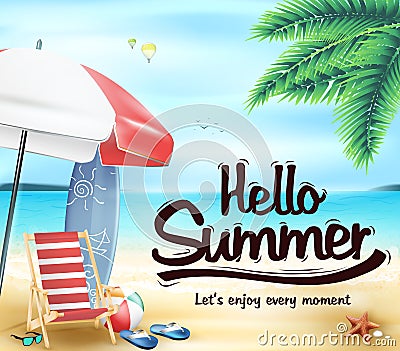 Hello Summer in the Beach Resort with Chair Vector Illustration