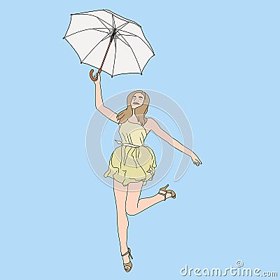 Hello summer - Beautiful girl walking with umbrella, Girl enjoying the summer, illustration on isolated background Cartoon Illustration