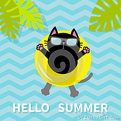 Hello Summer. Black cat floating on yellow air pool water circle. Lifebuoy. Palm tree leaf. Cute cartoon relaxing character. Sungl Vector Illustration