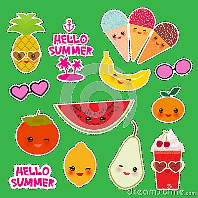 Hello Summer bright tropical card banner design, fashion patches badges stickers. Persimmon, pear, pineapple, cherry smoothie, ice Vector Illustration
