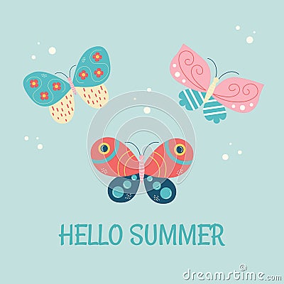 Hello summer. Butterflies on blue background Vector Illustration