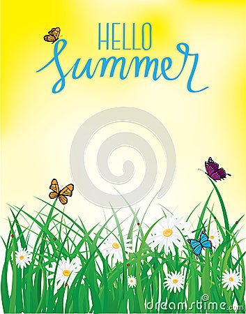 Hello Summer, Butterfly flying above the grass with flowers, Spring Vector Illustration