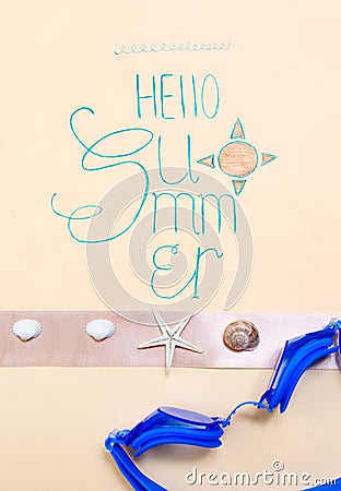 Hello Summer calligraphy card with seasonal accessories Stock Photo