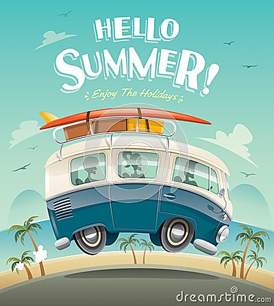 Hello summer! Camper van. Summer vacation. Vector Illustration