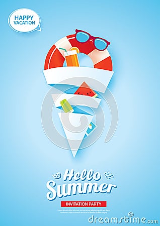 Hello summer card banner with ice cream cone shape paper art on Vector Illustration