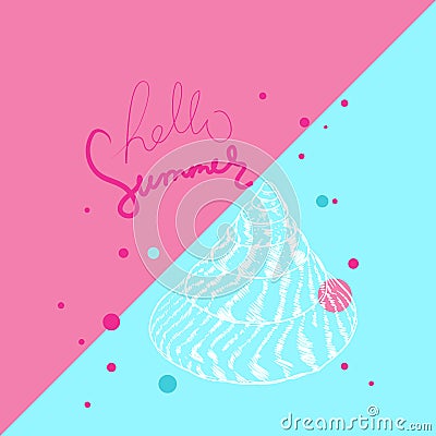 Hello summer card banner. Unique museum sea shell sea snail. Sketch contour on pink blue background. Vector Vector Illustration