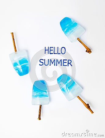 Hello summer card with blue popsicles Stock Photo