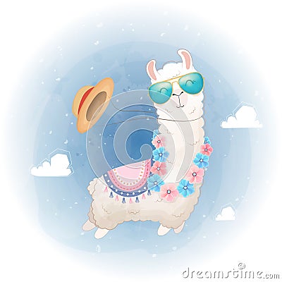 Hello Summer card. Cute Llama design floating in the sky Vector Illustration