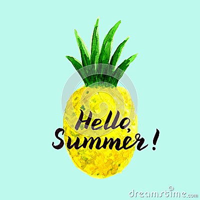 Hello summer card with watercolor ananas Stock Photo