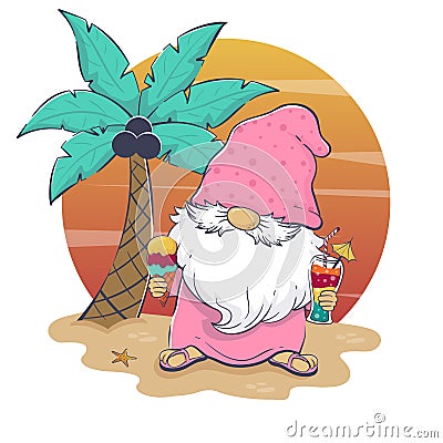 Hello summer cartoon cute leprechaun drinking cocktail and eating ice cream on the beach with sunset and palm tree background Vector Illustration